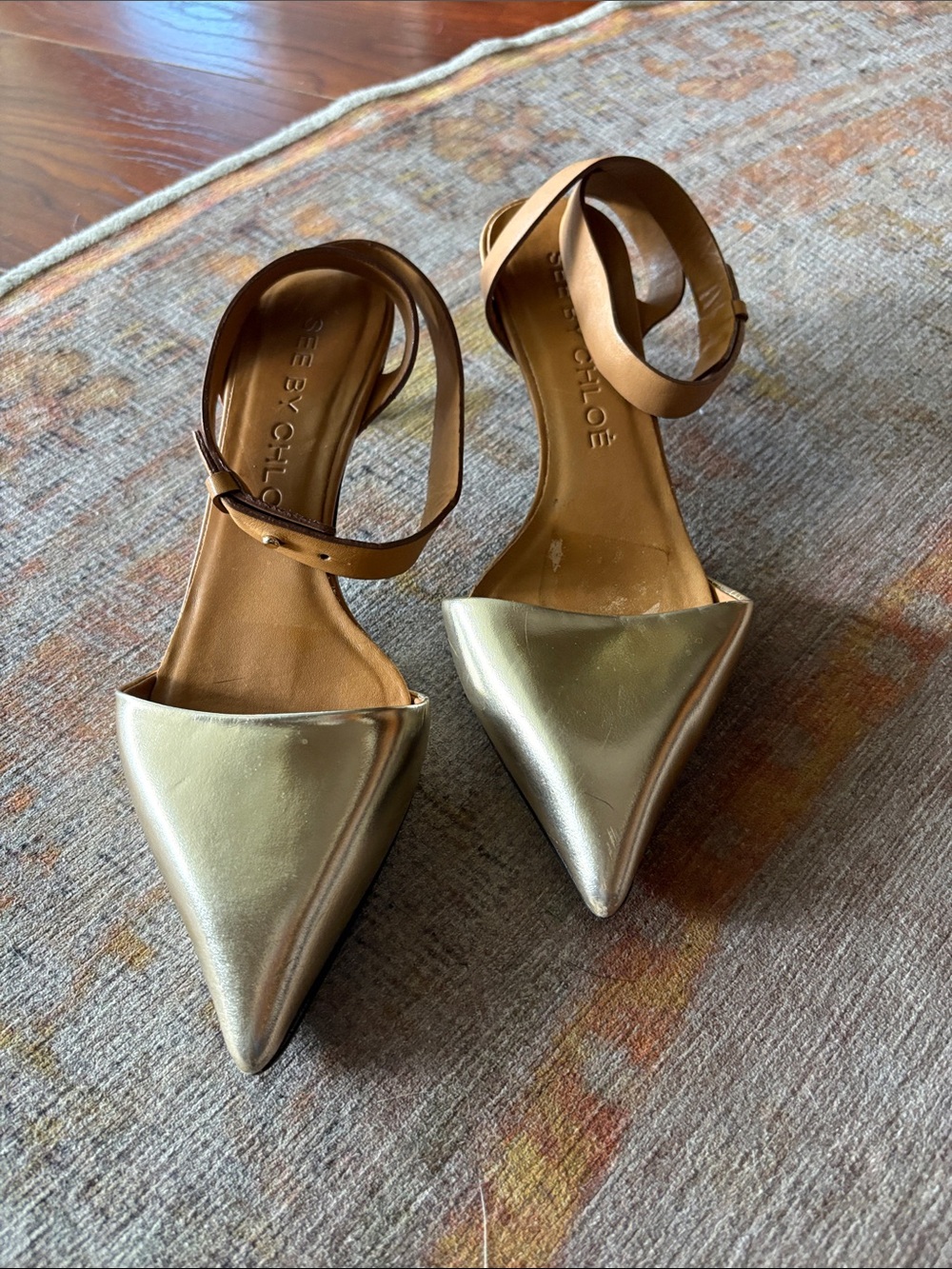 See By Chloé Metallic Gold Pointed Toe Ankle Strap Heels